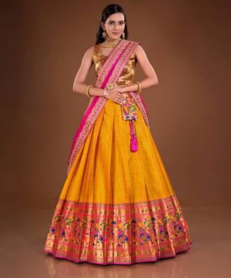 Yellow or Pink Woven Banarasi Silk Traditional Lehenga Choli 1