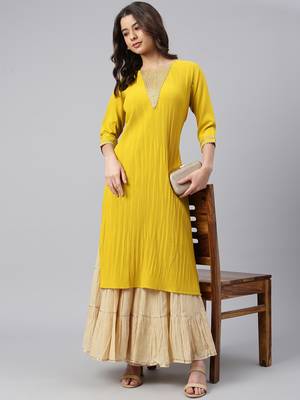 Janasya Mustard woven crepe ethnic-kurtis 1
