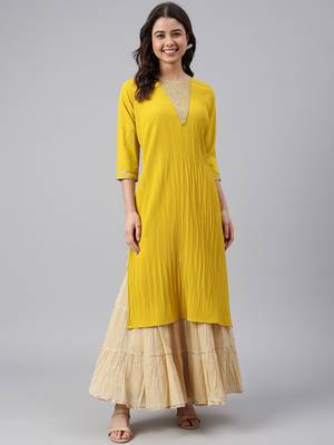 Janasya Mustard woven crepe ethnic-kurtis 2