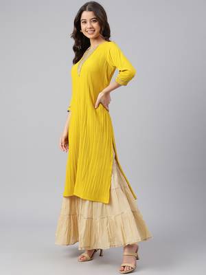 Janasya Mustard woven crepe ethnic-kurtis 3