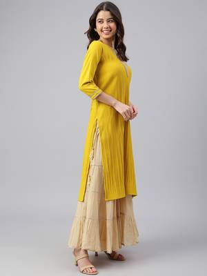Janasya Mustard woven crepe ethnic-kurtis 4