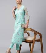 Sea-green floral print organza salwar