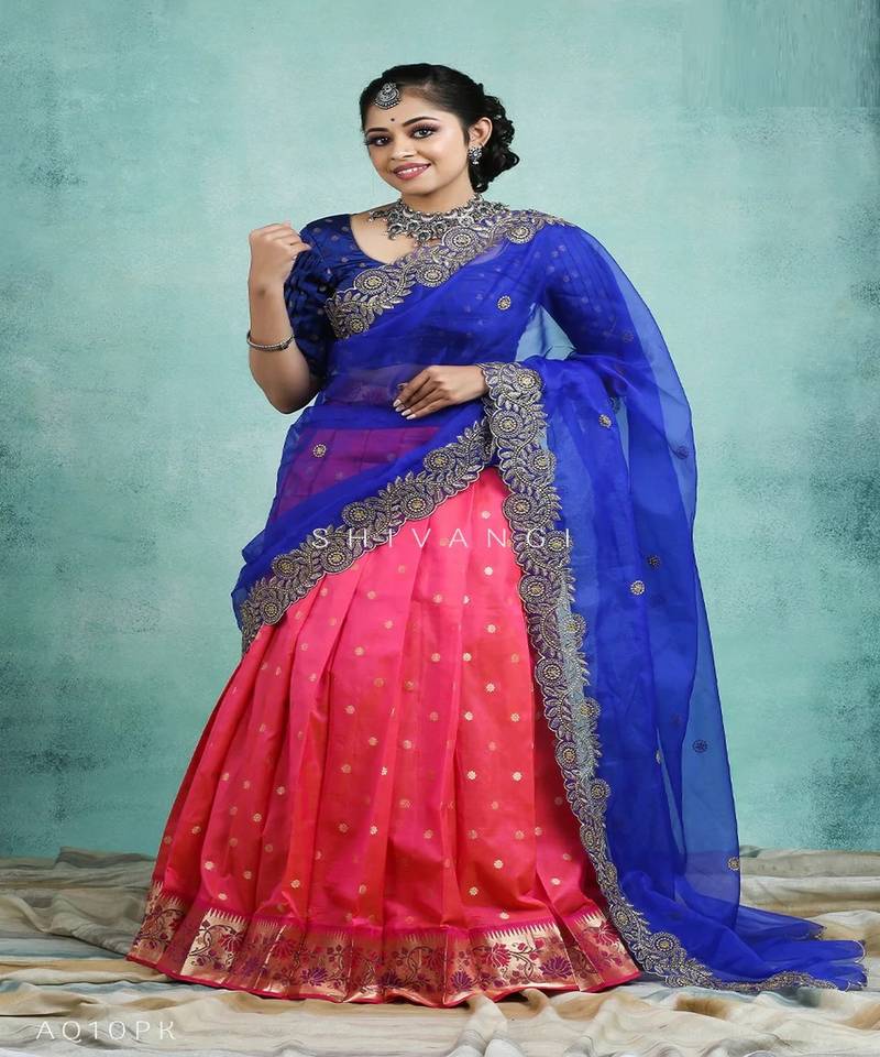 Girls Pink Silk Paithani Half Saree | Langa Davani