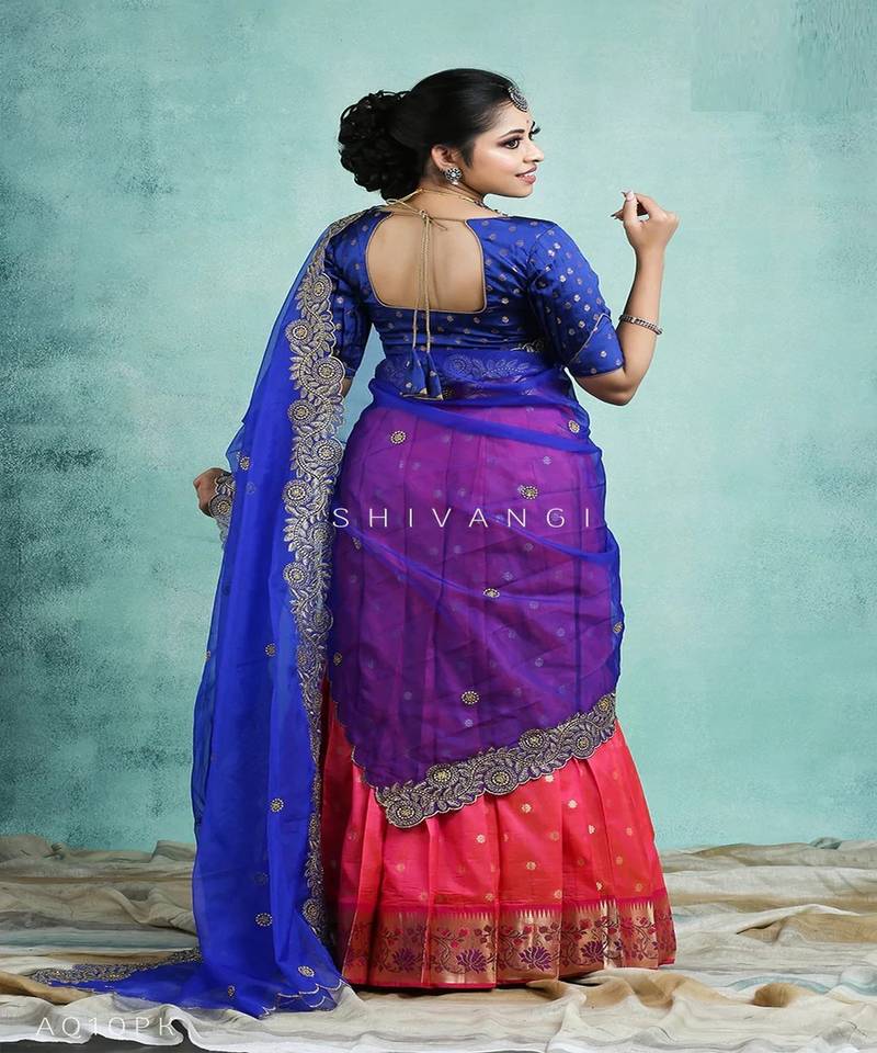 Girls Pink Silk Paithani Half Saree | Langa Davani