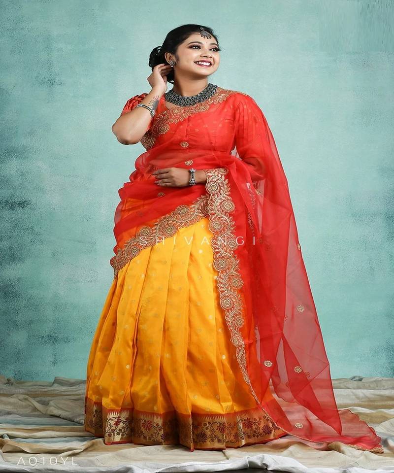 Girls Yellow Silk Paithani Half Saree | Langa Davani