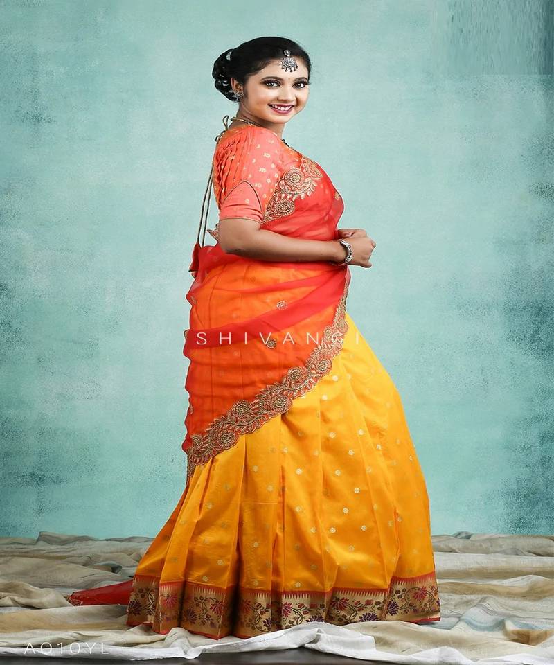Girls Yellow Silk Paithani Half Saree | Langa Davani
