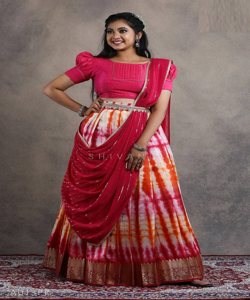 Girls Pink Shibori Fire Half Saree