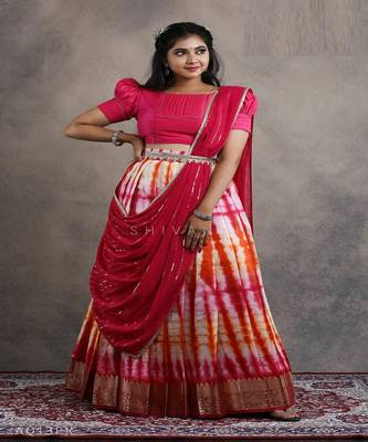 Girls Pink Shibori Fire Half Saree 3