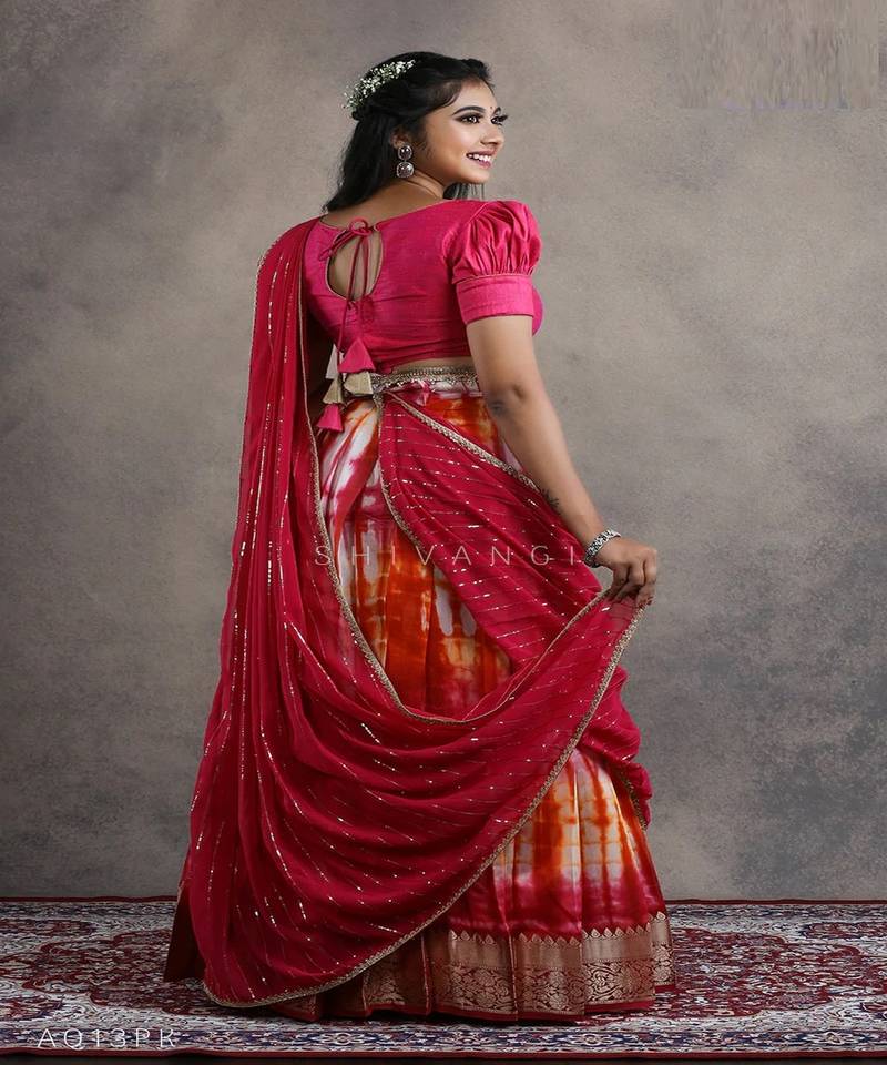 Girls Pink Shibori Fire Half Saree