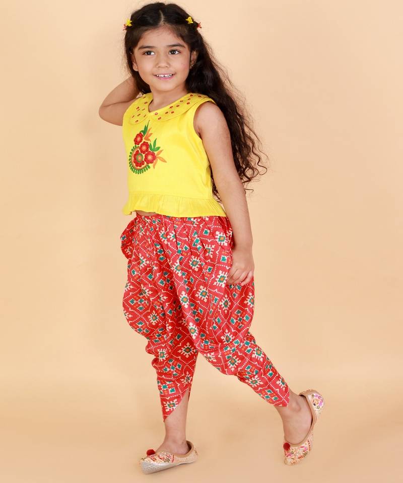 KID1 Mirror Embroidered Work Top With Pattola Print Dhoti
