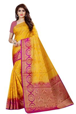 Gold woven faux kanchipuram silk saree with blouse 1