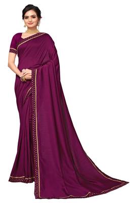Wine Ploy Silk Embellished Border Work Saree With Blouse. 2