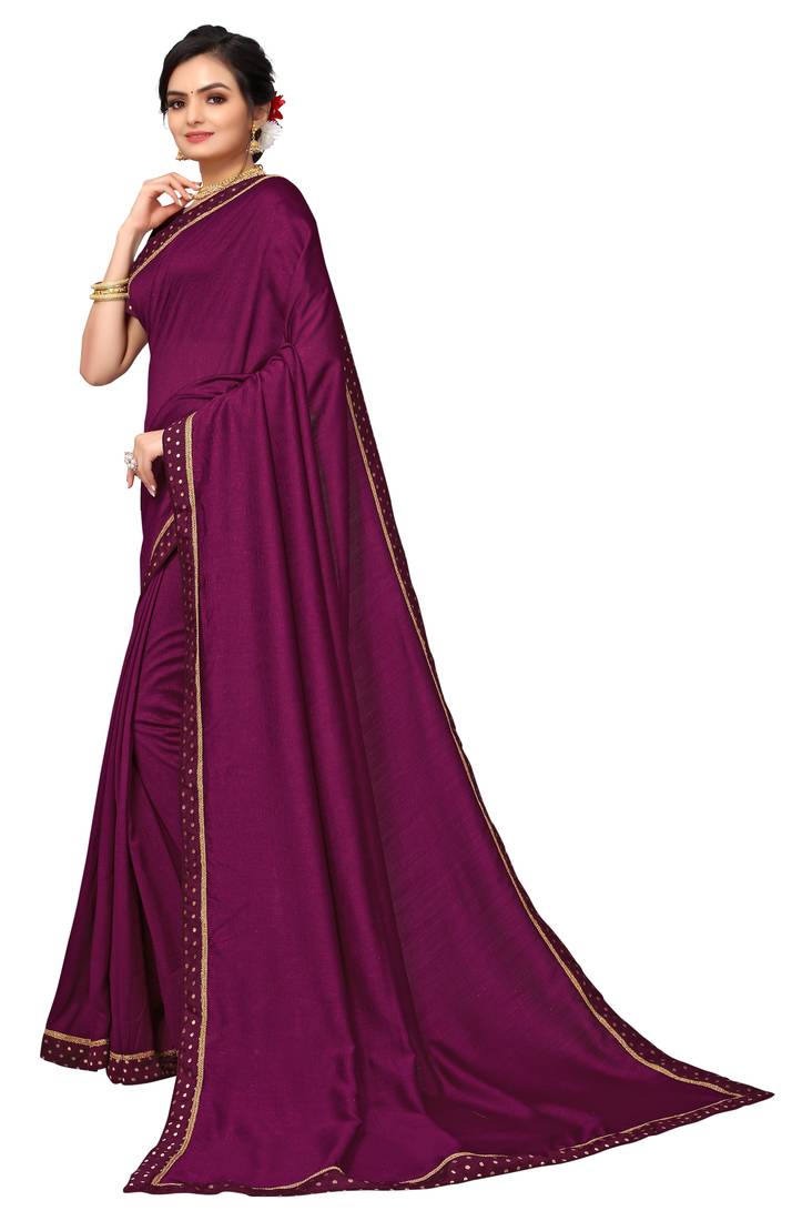 Wine Ploy Silk Embellished Border Work Saree With Blouse.