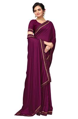 Wine Ploy Silk Embellished Border Work Saree With Blouse. 1