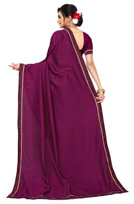 Wine Ploy Silk Embellished Border Work Saree With Blouse. 4