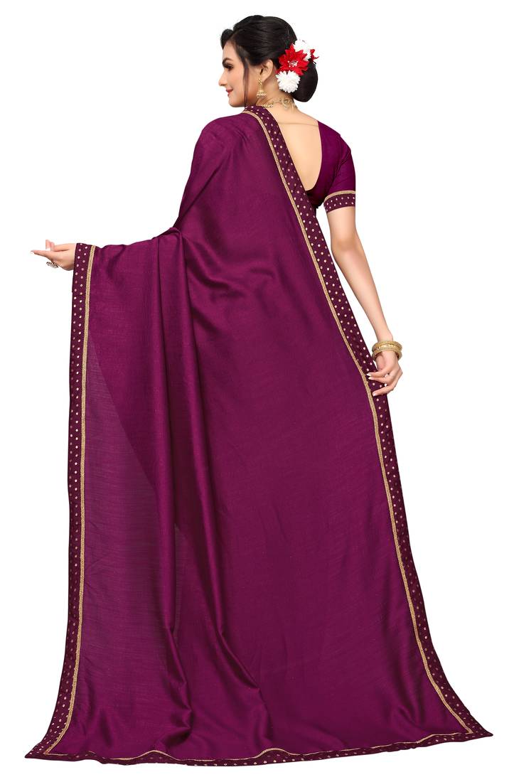 Wine Ploy Silk Embellished Border Work Saree With Blouse.