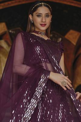 Wine Color Designer Sequence Net Party Wear Lehenga Choli 2