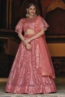 Peach Color Designer Sequence Net Party Wear Lehenga Choli 1