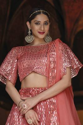 Peach Color Designer Sequence Net Party Wear Lehenga Choli 2
