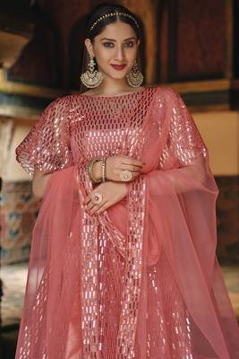 Peach Color Designer Sequence Net Party Wear Lehenga Choli 4