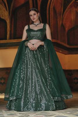 Dark Green Color Designer Sequence Net Party Wear Lehenga Choli 1