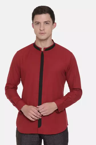Red Chinese Collar Cotton Shirt