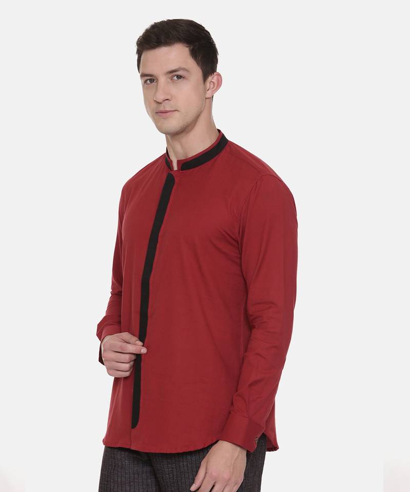 Red Chinese Collar Cotton Shirt