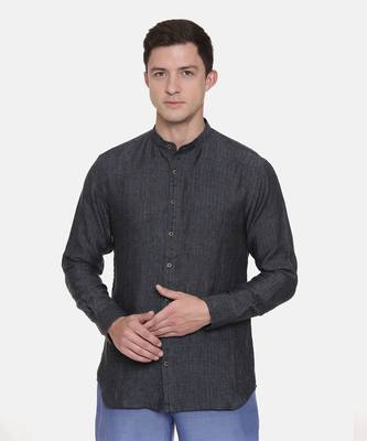 Deep Blue Chinese Collar Linen Shirt 2