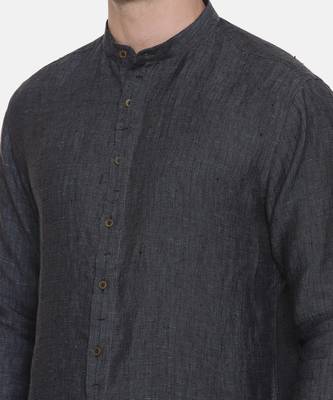 Deep Blue Chinese Collar Linen Shirt 3