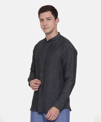 Deep Blue Chinese Collar Linen Shirt 4