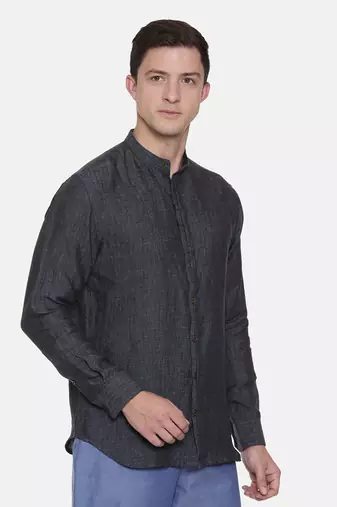 Deep Blue Chinese Collar Linen Shirt