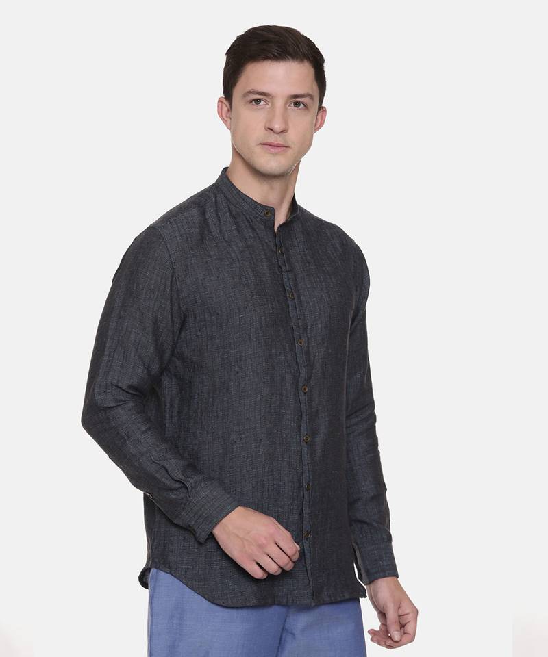 Deep Blue Chinese Collar Linen Shirt