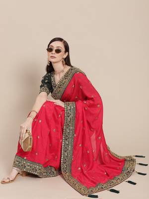 Pink Solid Silk Blend Embroidered Net Border Saree 2