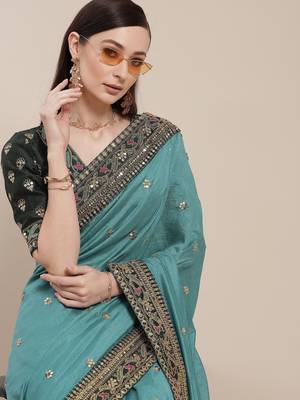 Turquoise Blue Solid Silk Blend Embroidered  Border Saree 1