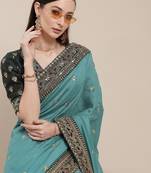Turquoise Blue Solid Silk Blend Embroidered  Border Saree
