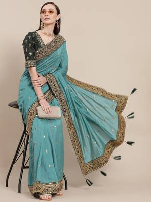 Turquoise Blue Solid Silk Blend Embroidered  Border Saree 2