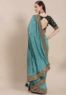 Turquoise Blue Solid Silk Blend Embroidered  Border Saree 3