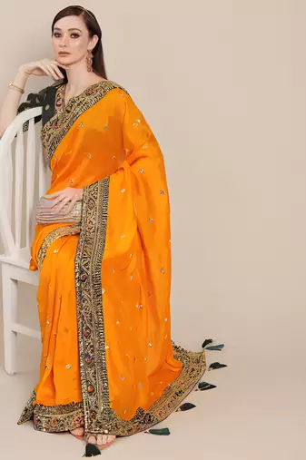 Orange Solid Silk Blend Embroidered  Border Saree