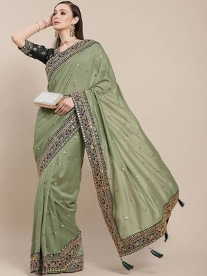 Light Green Solid Silk Blend Embroidered  Border Saree 1