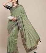Light Green Solid Silk Blend Embroidered  Border Saree