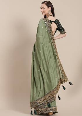 Light Green Solid Silk Blend Embroidered  Border Saree 2
