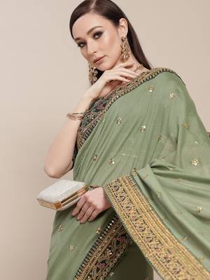 Light Green Solid Silk Blend Embroidered  Border Saree 3