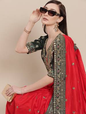 Red Solid Silk Blend Embroidered  Border Saree 1