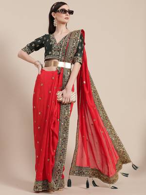 Red Solid Silk Blend Embroidered  Border Saree 2