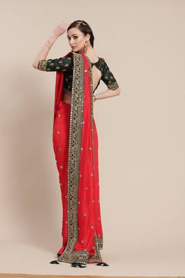 Red Solid Silk Blend Embroidered  Border Saree 3