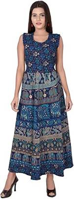 Vastravilla Women's Cotton Febric Sleeveless Printed Jaipuri Dress ( Maxi) Free Size  Adjust With Belt 1