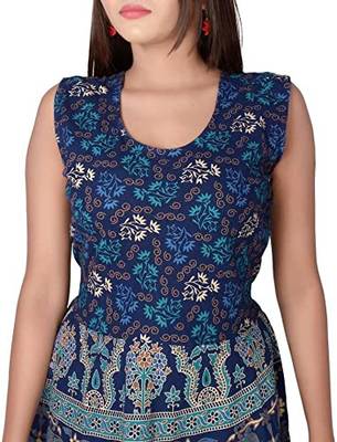 Vastravilla Women's Cotton Febric Sleeveless Printed Jaipuri Dress ( Maxi) Free Size  Adjust With Belt 2