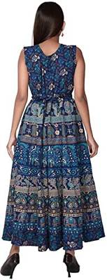 Vastravilla Women's Cotton Febric Sleeveless Printed Jaipuri Dress ( Maxi) Free Size  Adjust With Belt 3