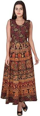 Vastravilla Women's Cotton Febric Sleeveless Printed Jaipuri Dress ( Maxi) Free Size  Adjust With Belt 1