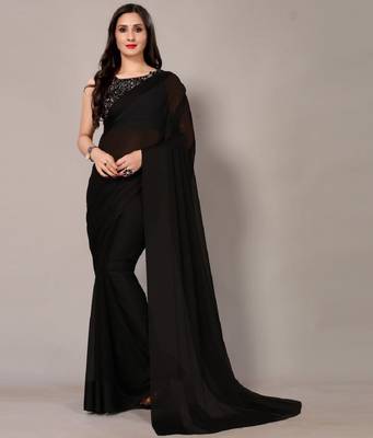 Black plain chiffon saree with blouse 1